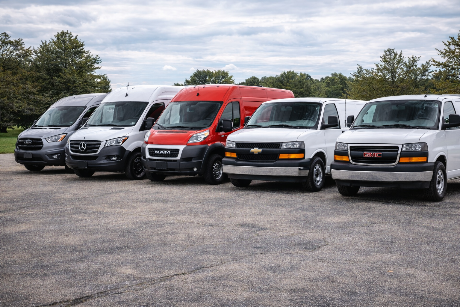 Lineup of five commercial vans of different brands and colors parked on an asphalt lot with trees and a cloudy sky in the background.