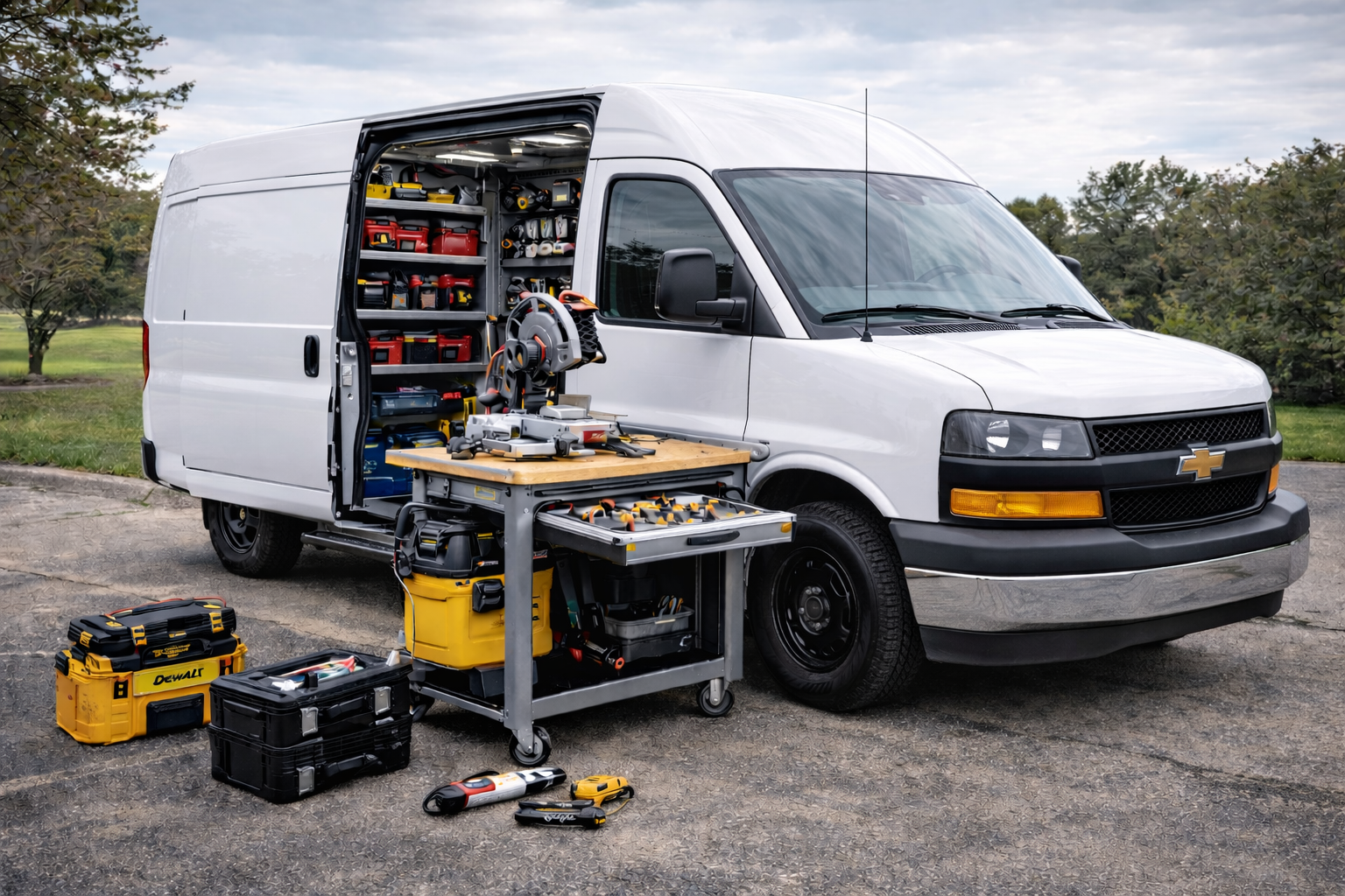 White utility van with its side open showing organized shelves of tools and equipment inside, and various tools and storage cases on the ground nearby.