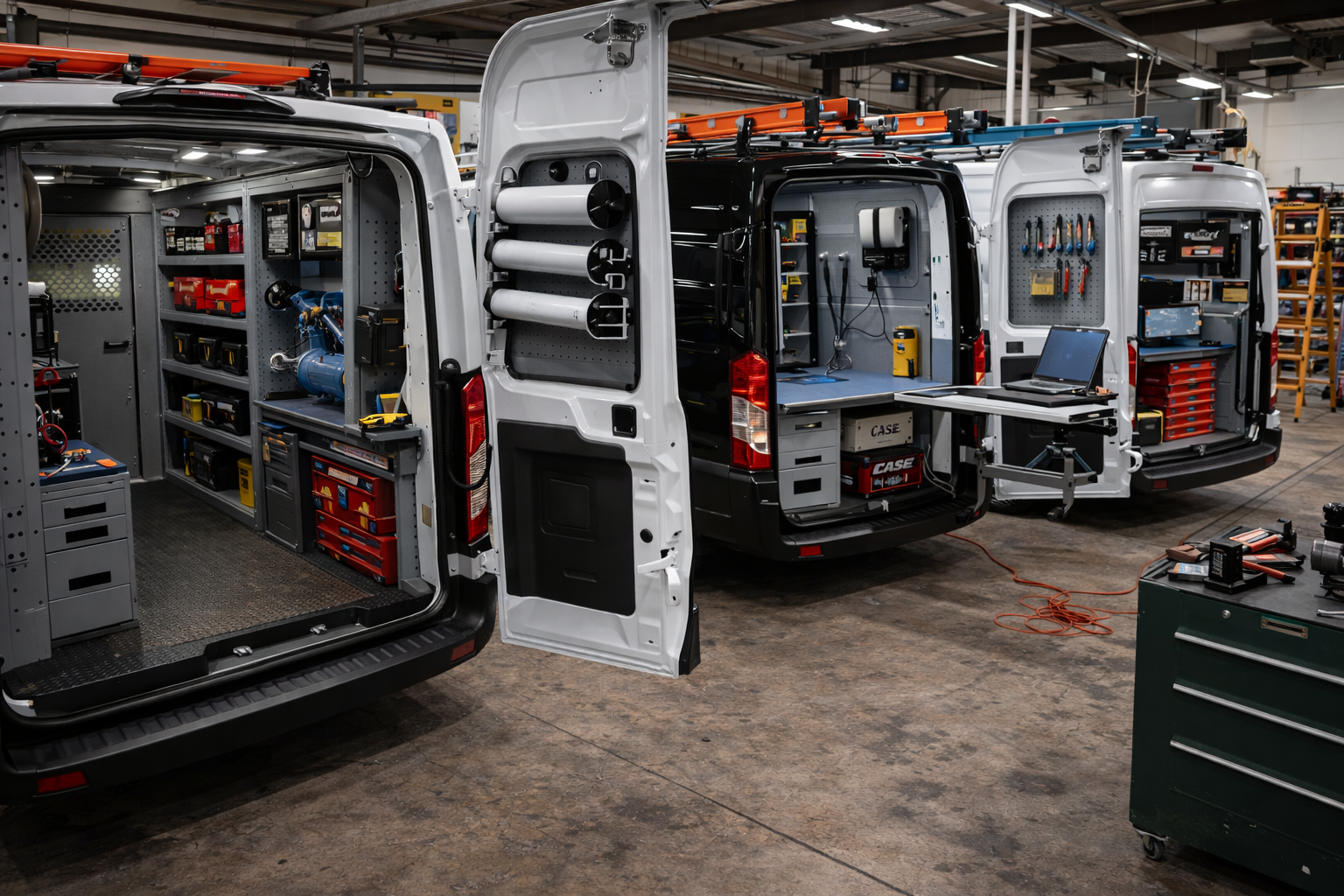 Inside a workshop with three service vans parked side by side, their rear doors open to reveal organized tools, equipment, and workstations.