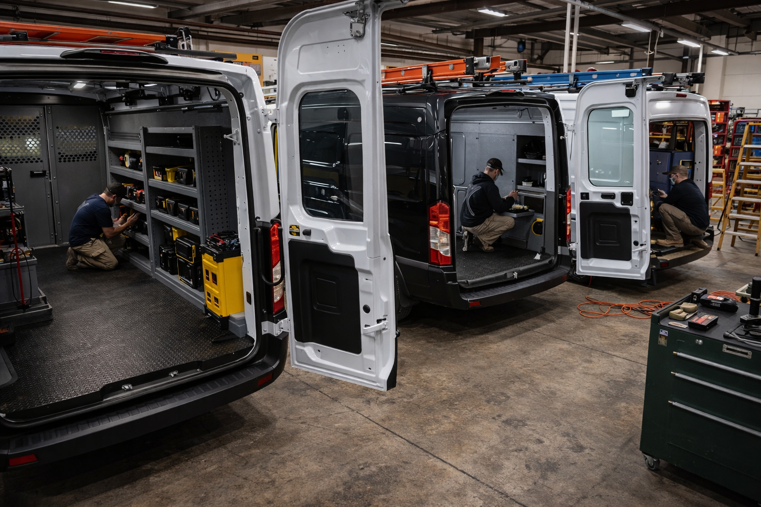 Workers assembling and organizing tools and equipment inside service vans in an industrial workshop.