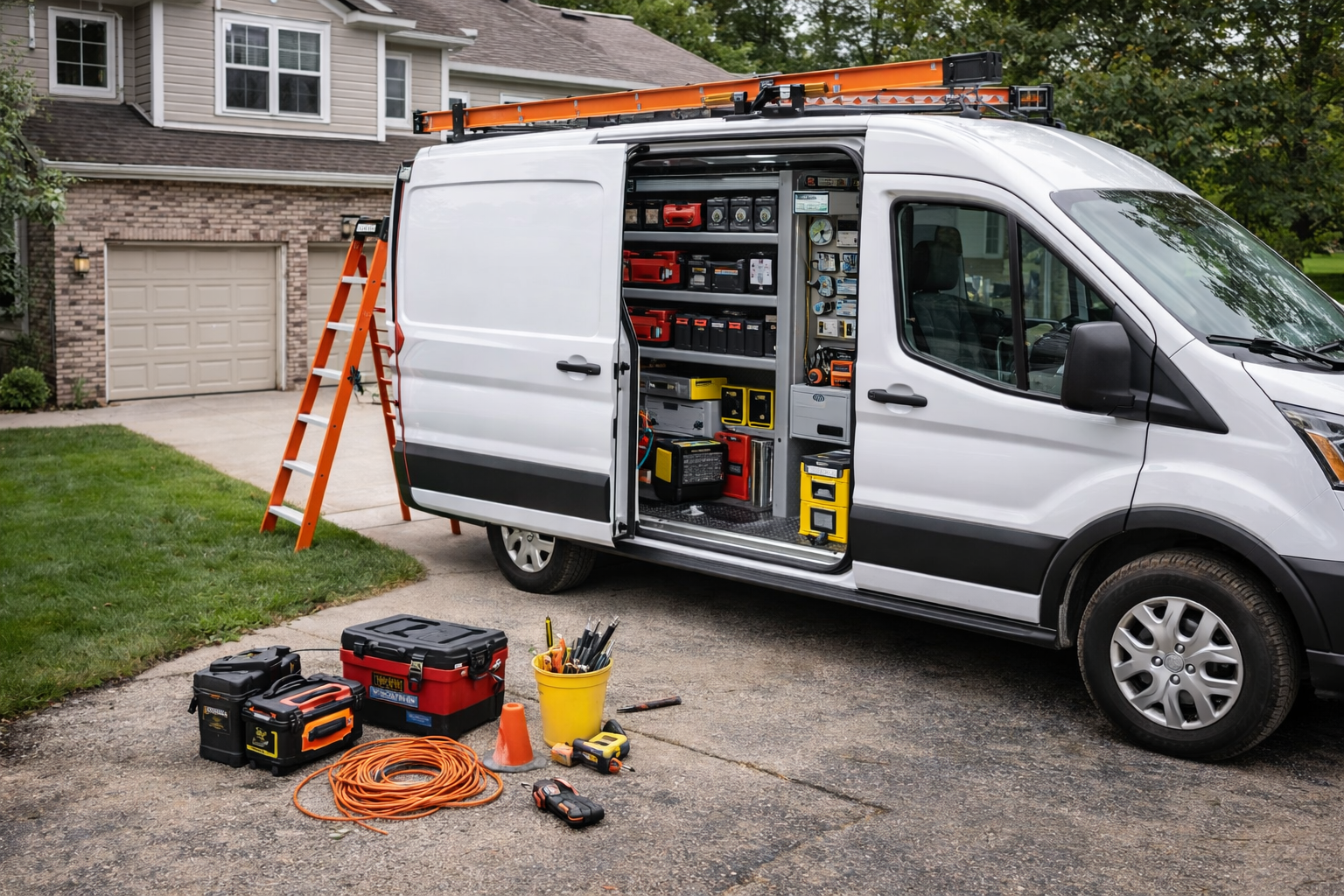A white work van parked in a driveway with its side door open, revealing organized shelves of tools and equipment inside. Outside the van, there are various tools and supplies on the ground, including a yellow bucket filled with hand tools, a coiled extension cord, and several toolboxes. An orange ladder leans against the van, and a residential house with a brick and siding exterior is visible in the background.