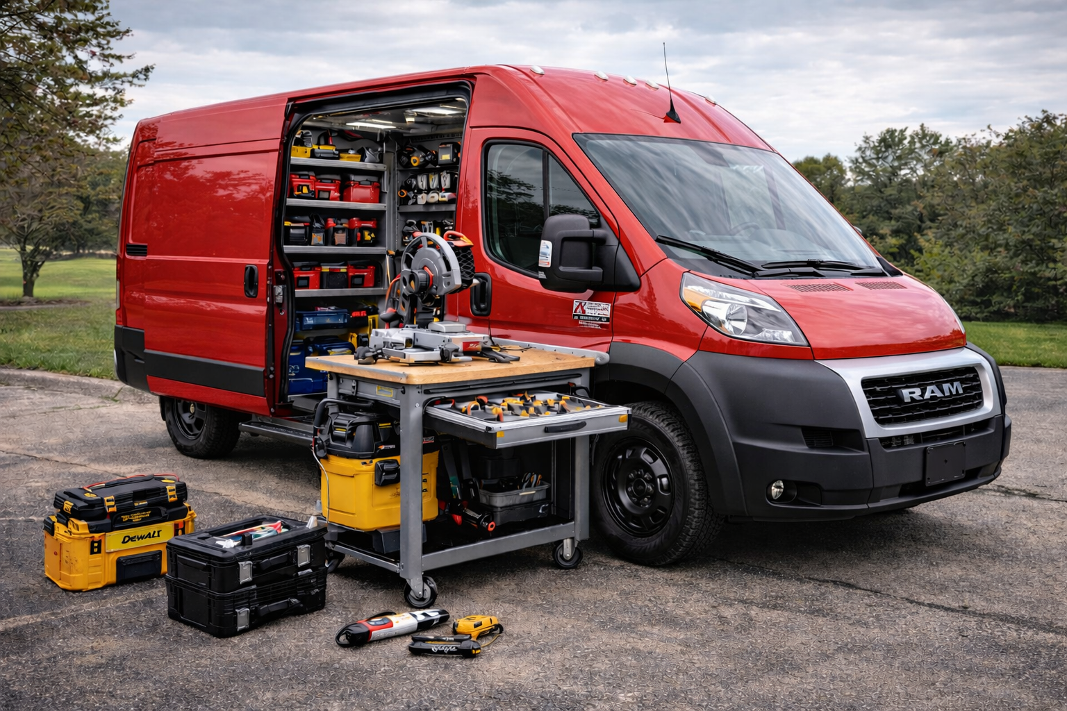 Red service van with its side door open, revealing shelves filled with tools and equipment, parked on a paved road with a grassy area and trees in the background. Tools and storage containers are placed on a worktable and on the ground nearby.