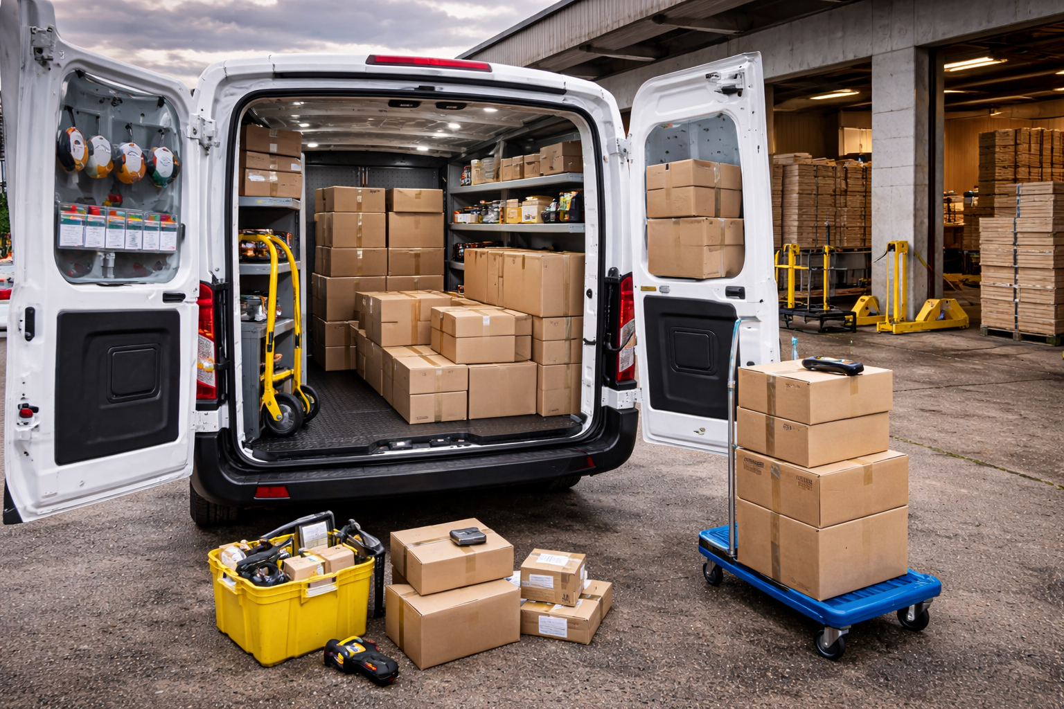 Open delivery van filled with stacked cardboard boxes, with more boxes and a hand truck outside the van, in an industrial warehouse setting.