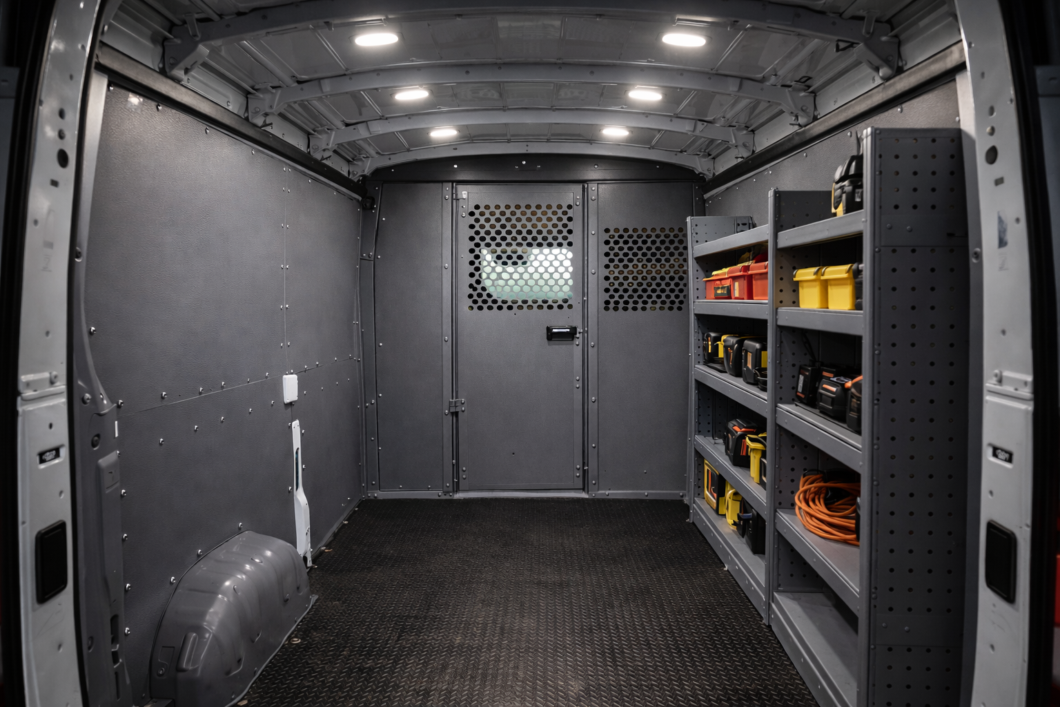 Interior of a work van with shelves containing tools and equipment, empty space in the middle, and a closed door at the back.