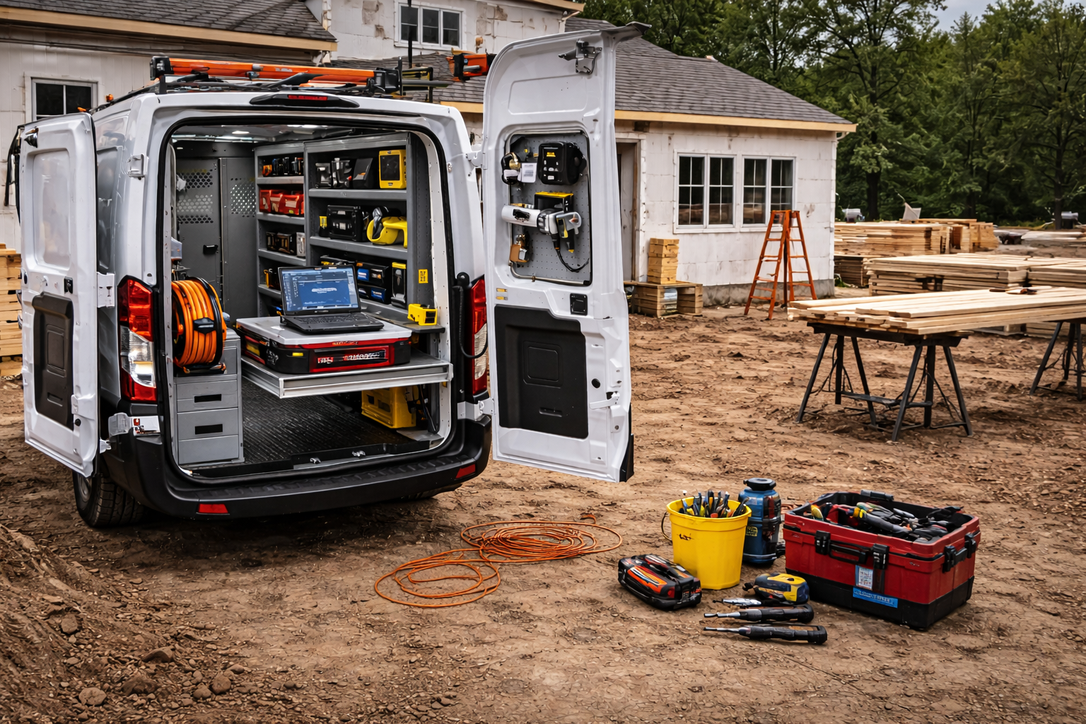 Construction tools and equipment organized inside a white van at a construction site with wooden planks, tables, and a small building in the background.