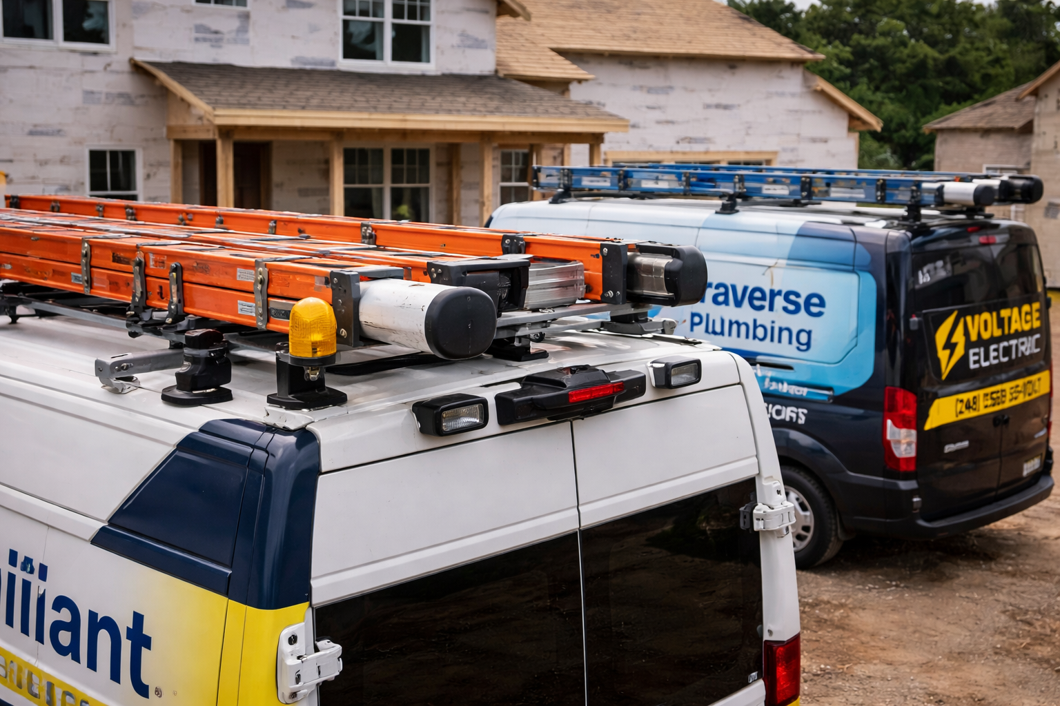 Construction vehicles parked in front of a partially built house with wooden framing
