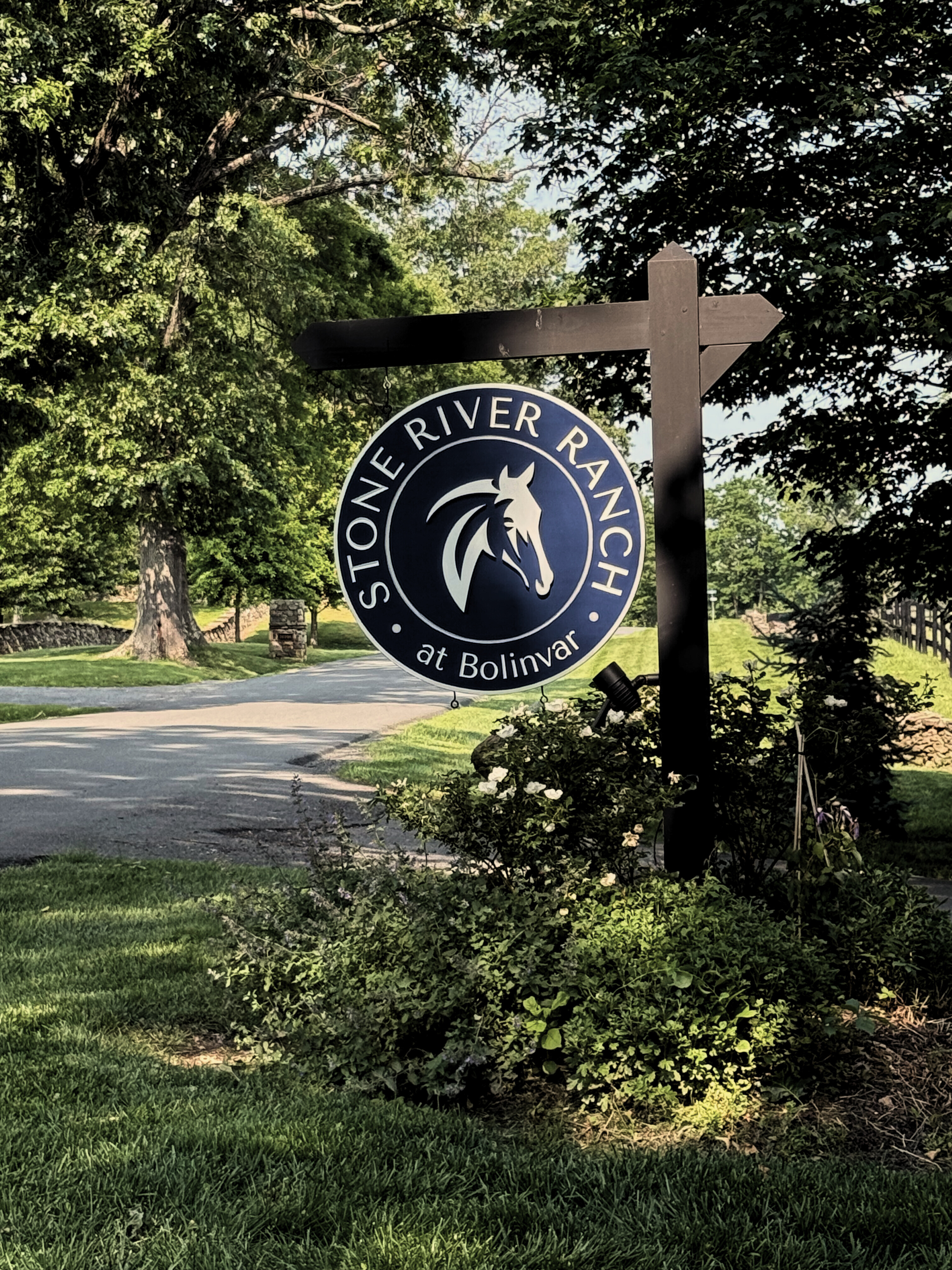 Sign for Stone River Ranch at Bolinvar, featuring a stylized horse head logo, surrounded by greenery and trees, along a winding driveway.