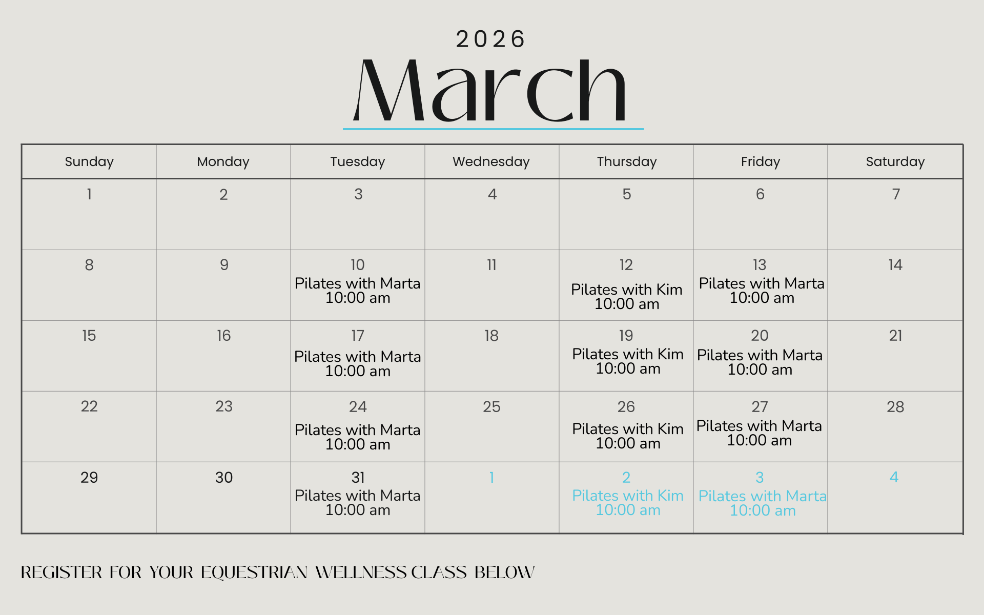 Monthly calendar for March 2026 showing fitness classes, including yoga with Cara on Mondays at 5:30 pm and Pilates with Marta on Tuesdays, Thursdays, Fridays, and Saturdays at 10:00 am. Additional Pilates classes with Kim on Wednesdays at 10:00 am.