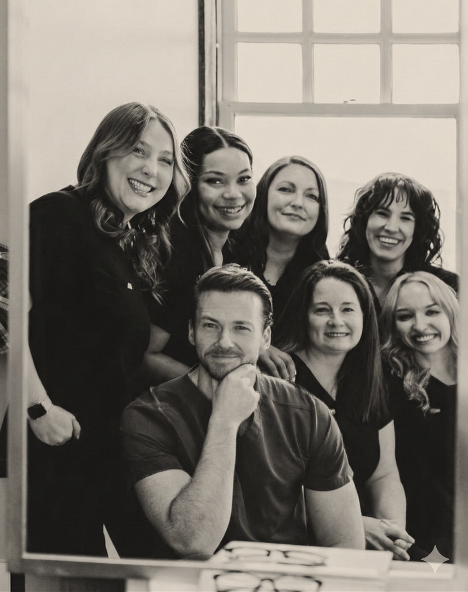 Black and white photograph of a group of seven smiling people, comprising six women and one man, gathered around a table in a bright office space with large windows.