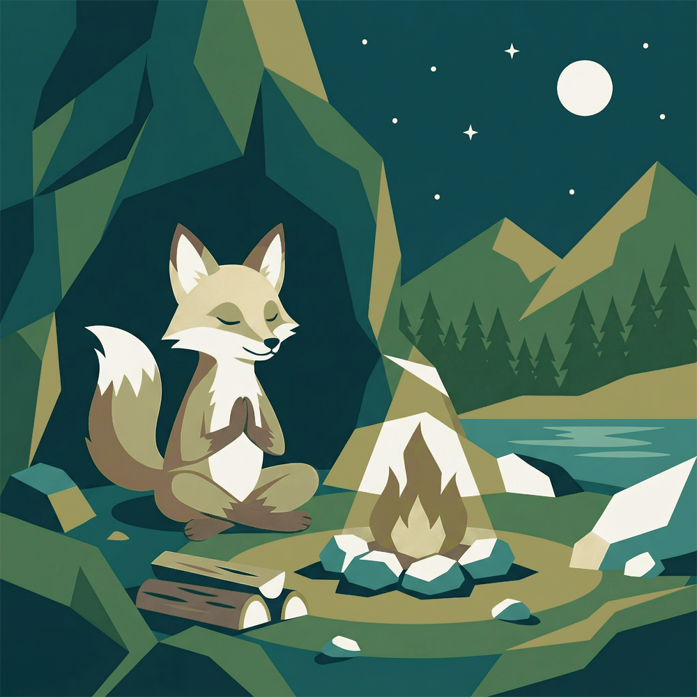 Animated illustration of a fox sitting cross-legged with closed eyes, hands together in a prayer-like position, near a campfire in a mountain and forest landscape at night with the moon and stars.