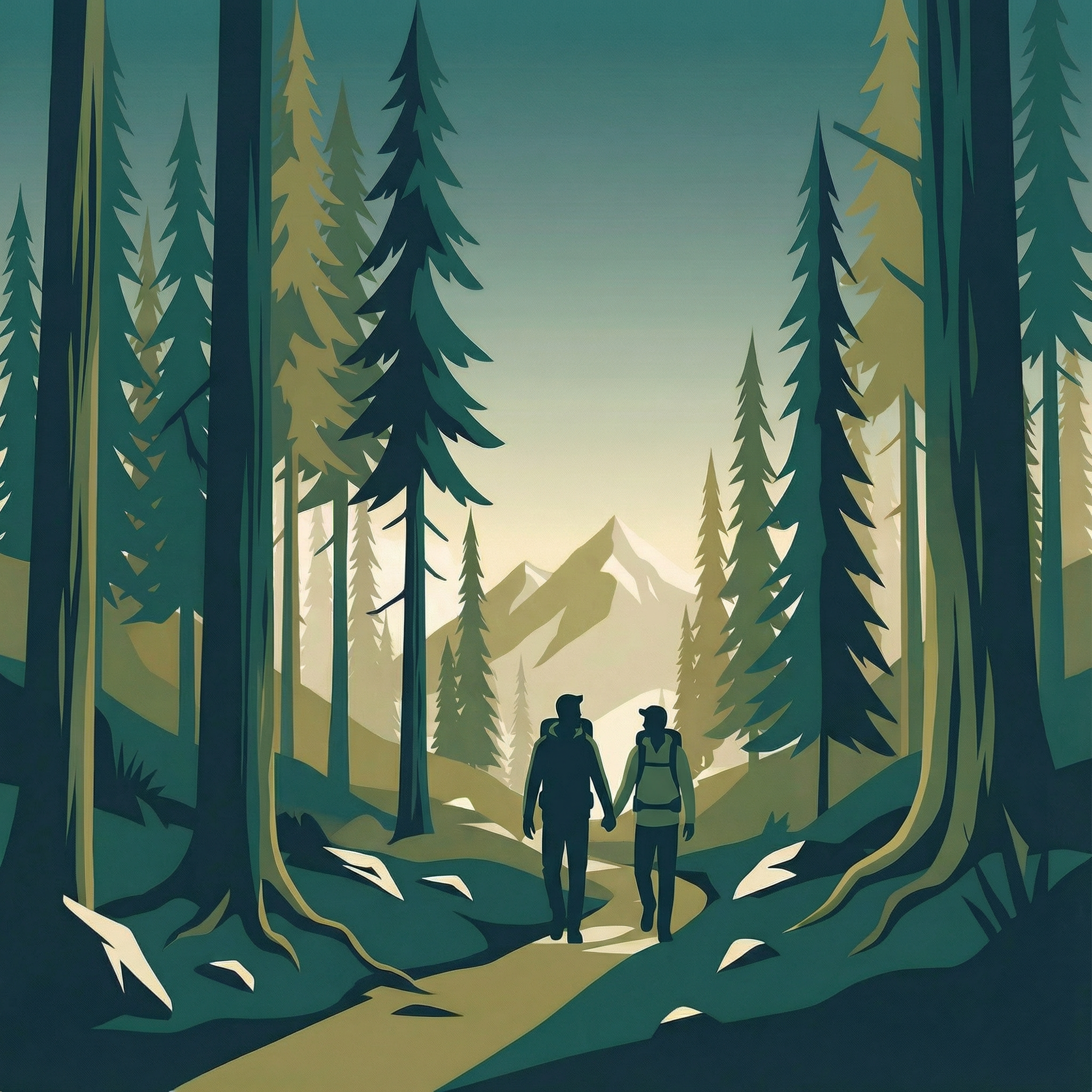 Illustration of a forest scene with tall pine trees and distant mountains, featuring a silhouette of a gay couple with backpacks walking along a trail.