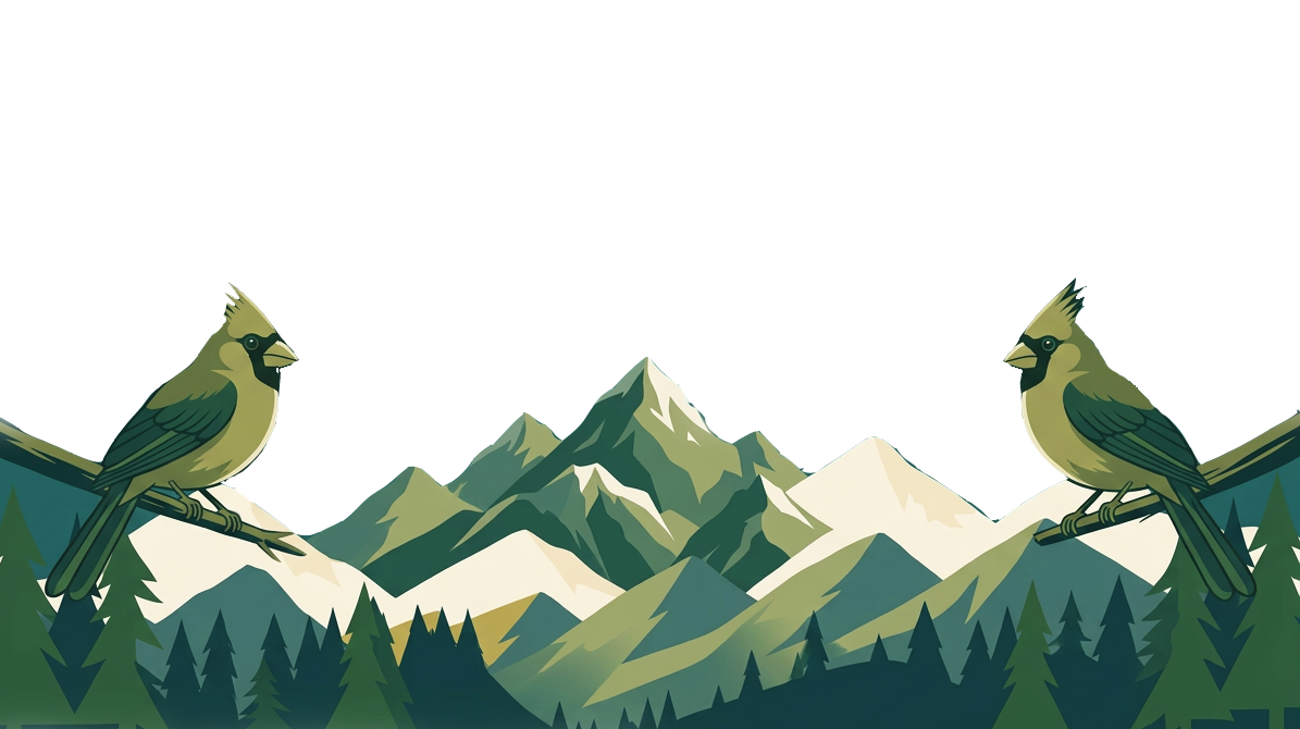 Stylized illustration of mountain range with snow-capped peaks, evergreen trees in the foreground, and two birds perched on branches in the foreground.
