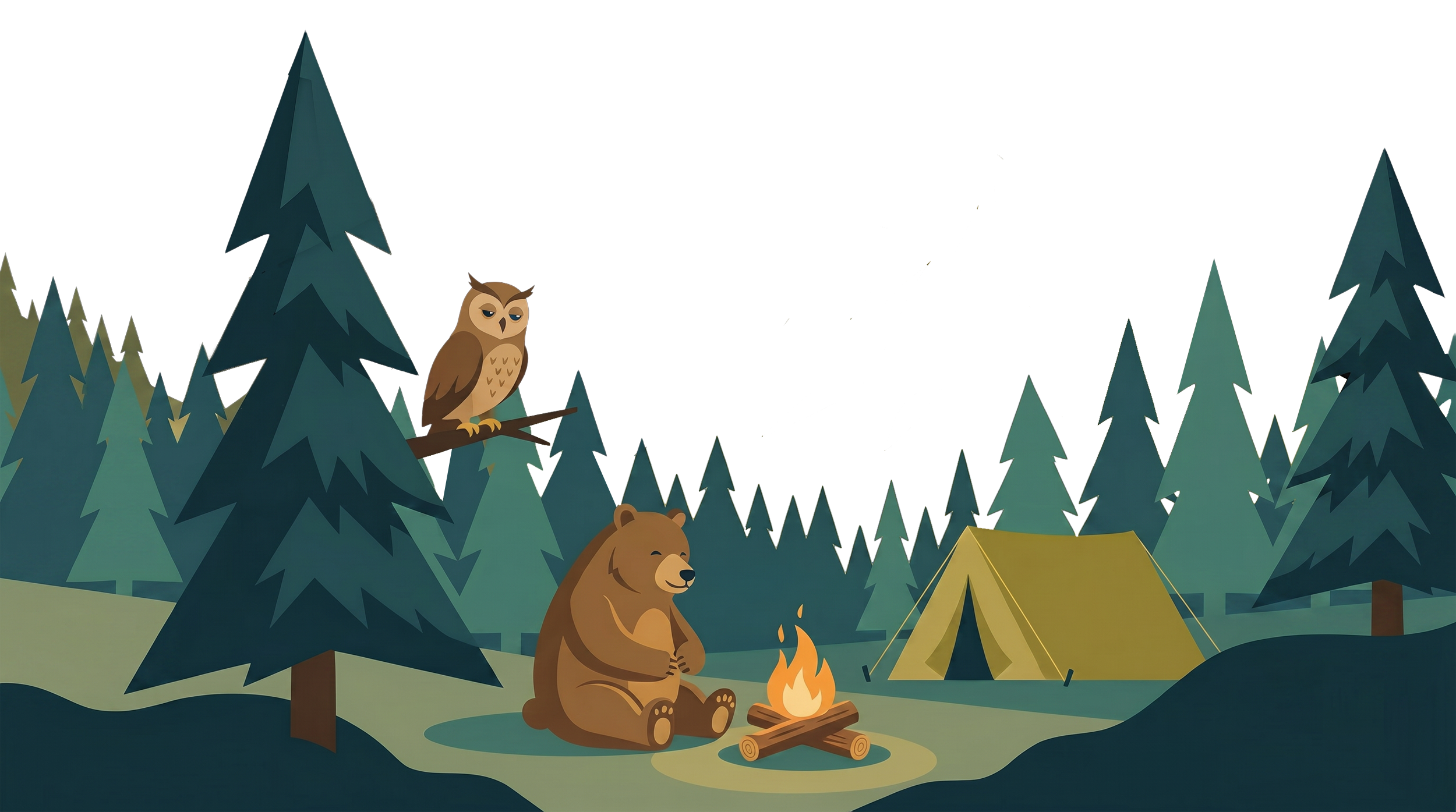 Illustration of a forest campsite with a campfire, tents, a bear, a sleepy owl symbolizing anxiety.