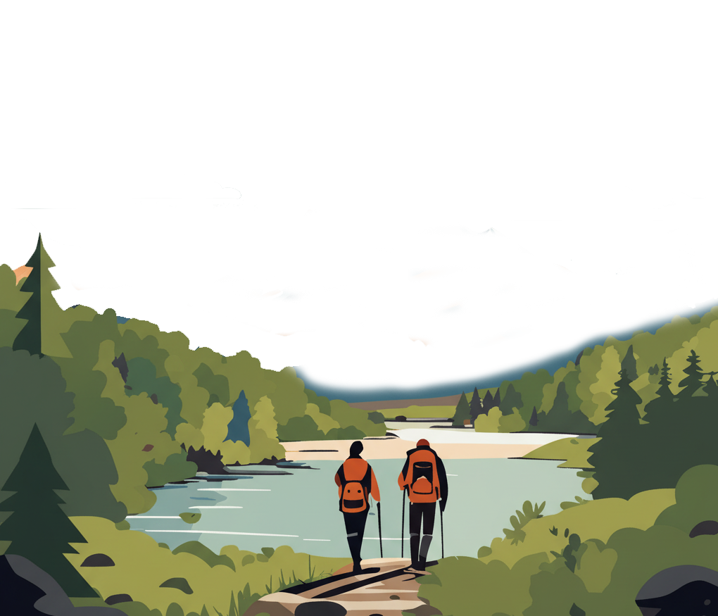 A gay couple hiking with backpacks walking along a trail beside a river, surrounded by green trees with a mountain and cloudy sky in the background.