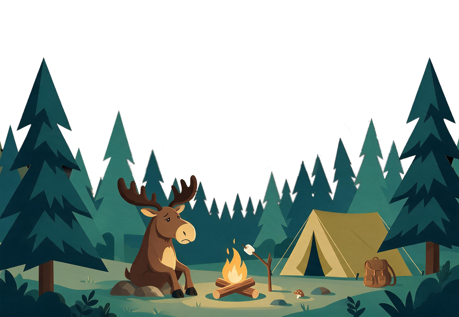Illustration of a forest campsite at night with a sad looking moose experiencing depression sitting near a campfire, a yellow tent, and a backpack, surrounded by tall pine trees.