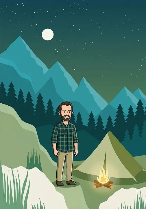 Illustration of Colorado Licensed Professional Counselor, Adam Stanford, wearing a green flannel shirt and khaki pants, standing near a campfire next to a tent in a mountainous forest at night with a full moon and stars.