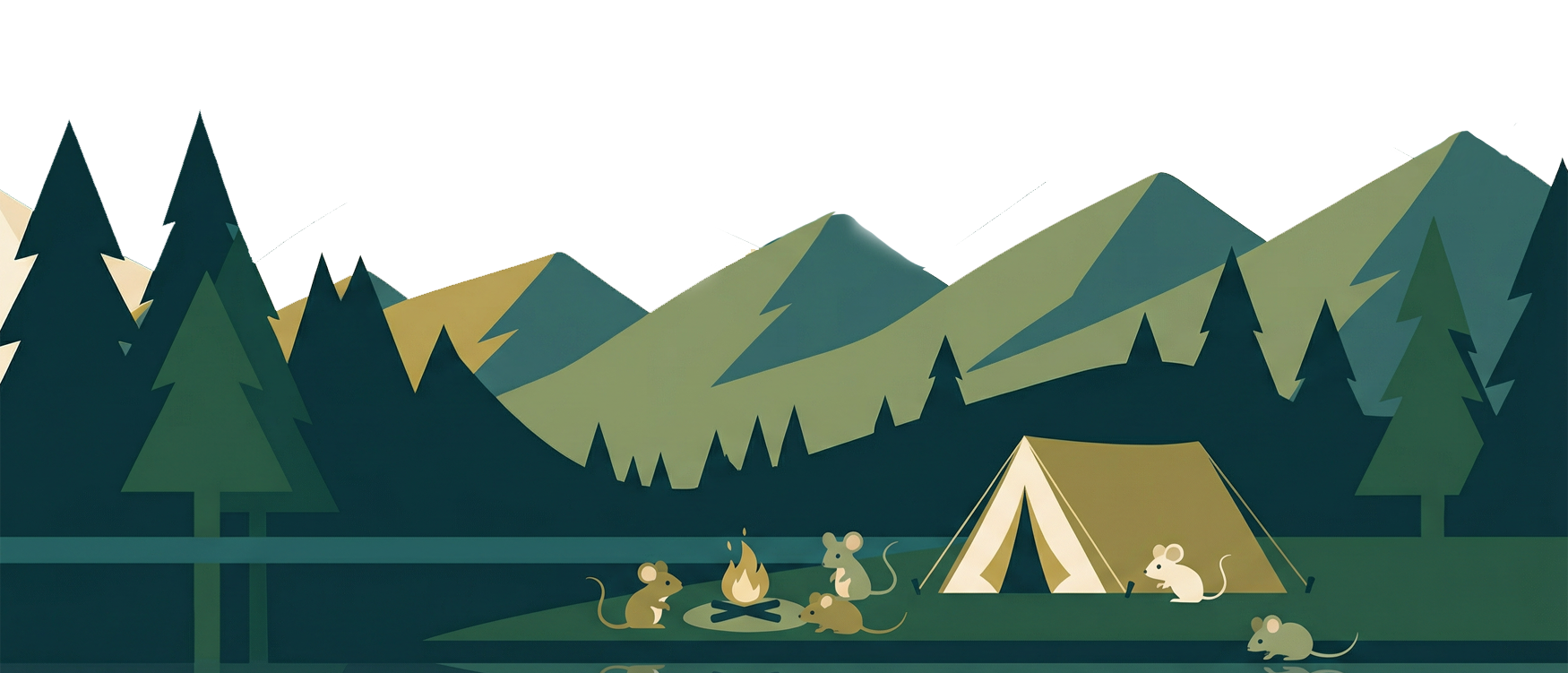 Cartoon of a mountain landscape during sunset with trees, mountains, tent, and field mice around a campfire in the foreground.