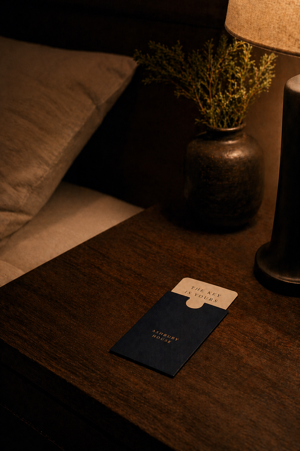 A dark wooden table with a black and beige pamphlet titled 'The Key Is Yours' from Ashbury House, a potted green plant in a dark vase, a lamp, and a beige sofa in a cozy, dimly lit room.