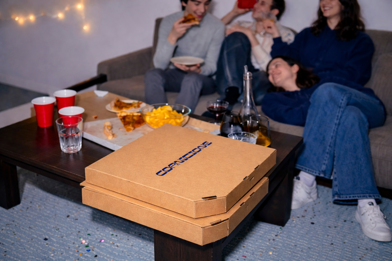 A group of friends celebrating with pizza, drinks, and snacks on a coffee table in a cozy living room, with a cardboard pizza box labeled 'Converge' in the foreground.