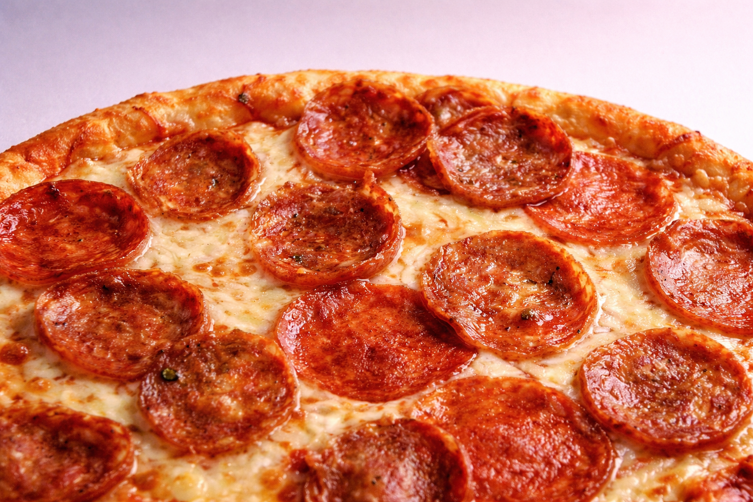 Close-up of a pepperoni pizza with melted cheese and sliced pepperoni on top.