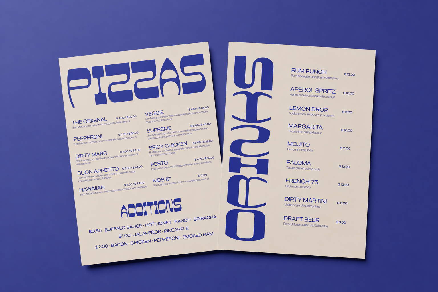Two white menus with blue text, one tilted overlapping the other, on a blue background. One menu lists pizza options and prices, the other lists cocktail drinks and prices.