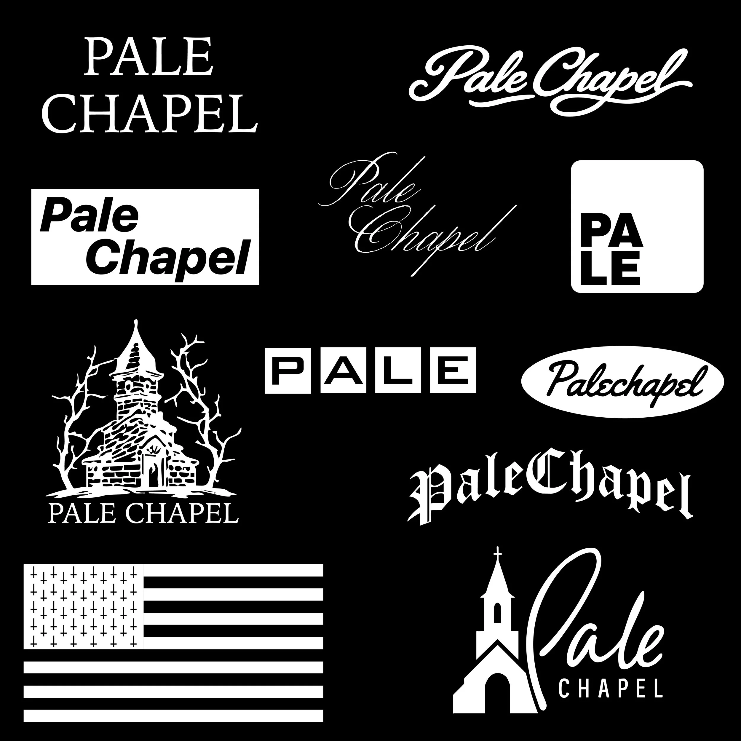 Collage of the words Pale Chapel and Palaschabel in various fonts and styles, with illustrations of a building, flags, and a church steeple.