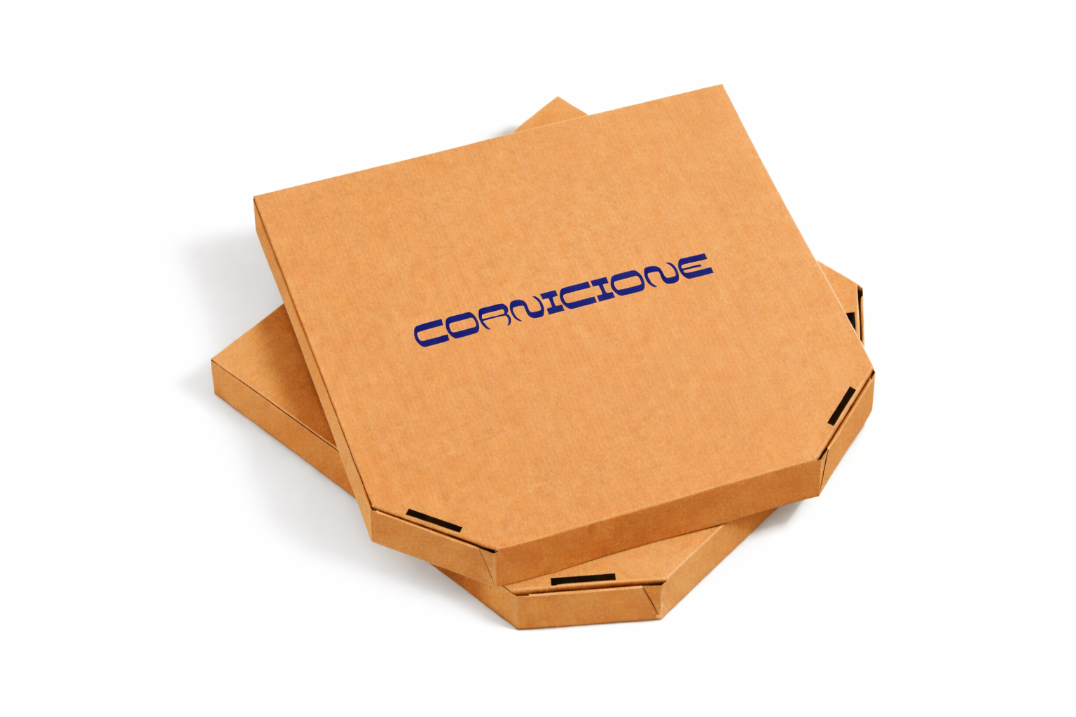 Two closed cardboard pizza boxes stacked, with the top box labeled "CORNICIONE" in blue text.