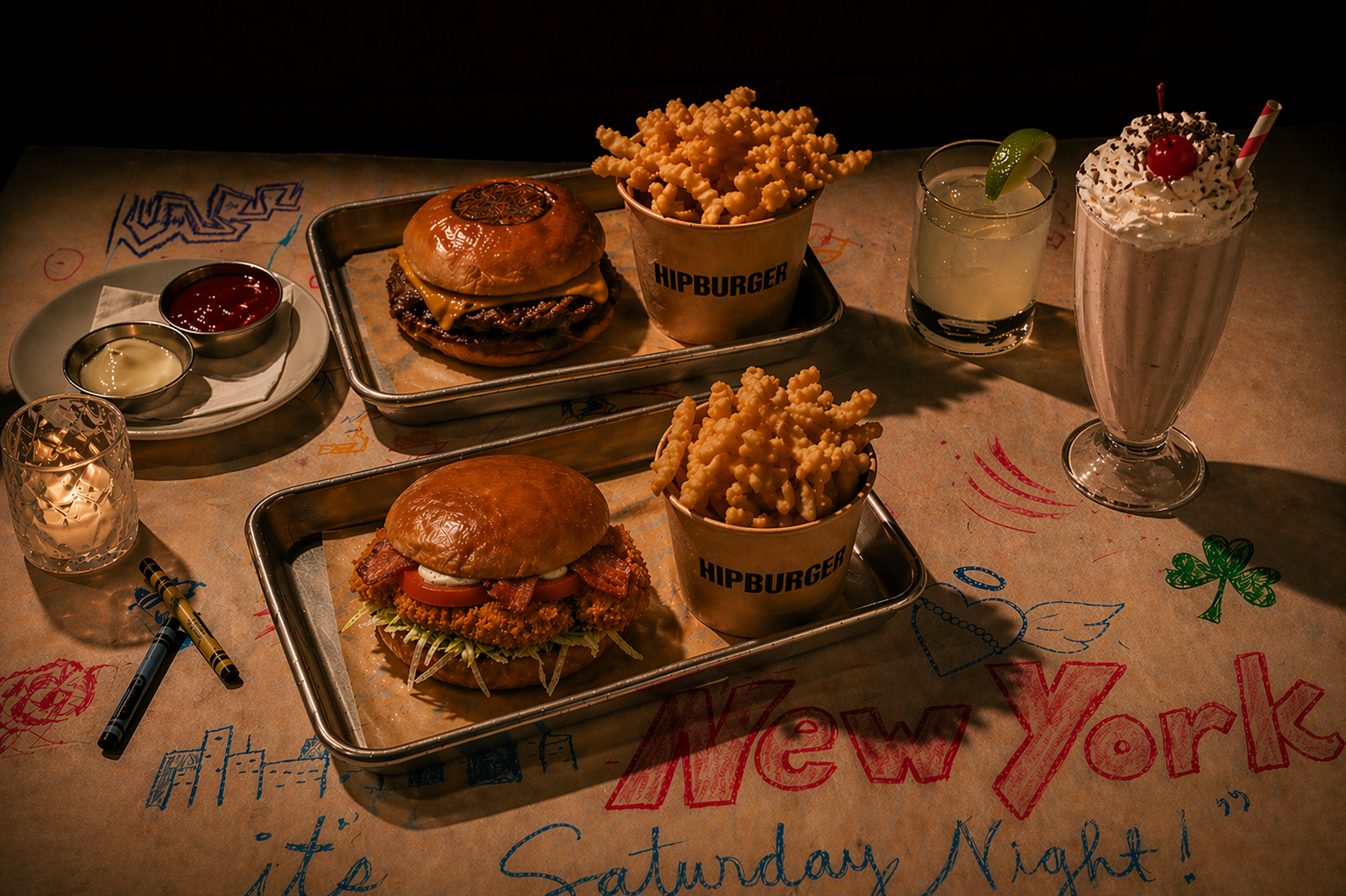 Two trays with cheeseburgers, two cups of French fries, and condiments on a table. Also a milkshake and a cocktail. The table has colorful drawings and writing that says "New York" and "Saturday Night."