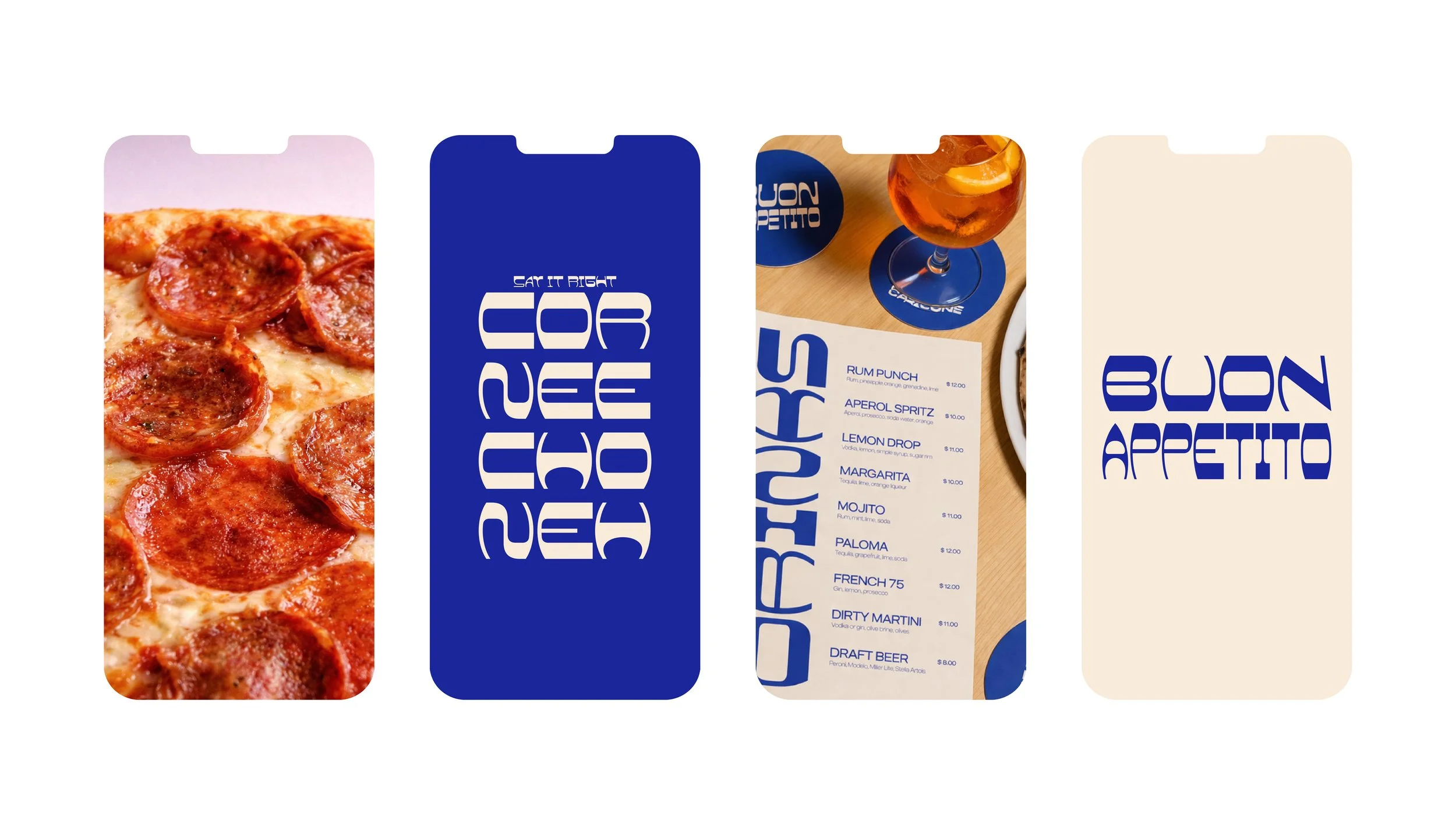 Part of a menu with drinks and a cocktail on a wooden table.