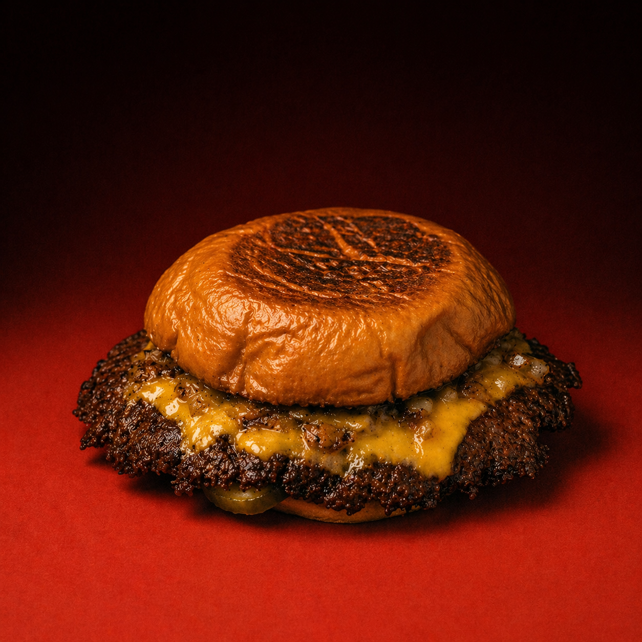 Close-up of a cheeseburger with a grilled top bun, melted cheese, and crispy beef patty against a dark red background.