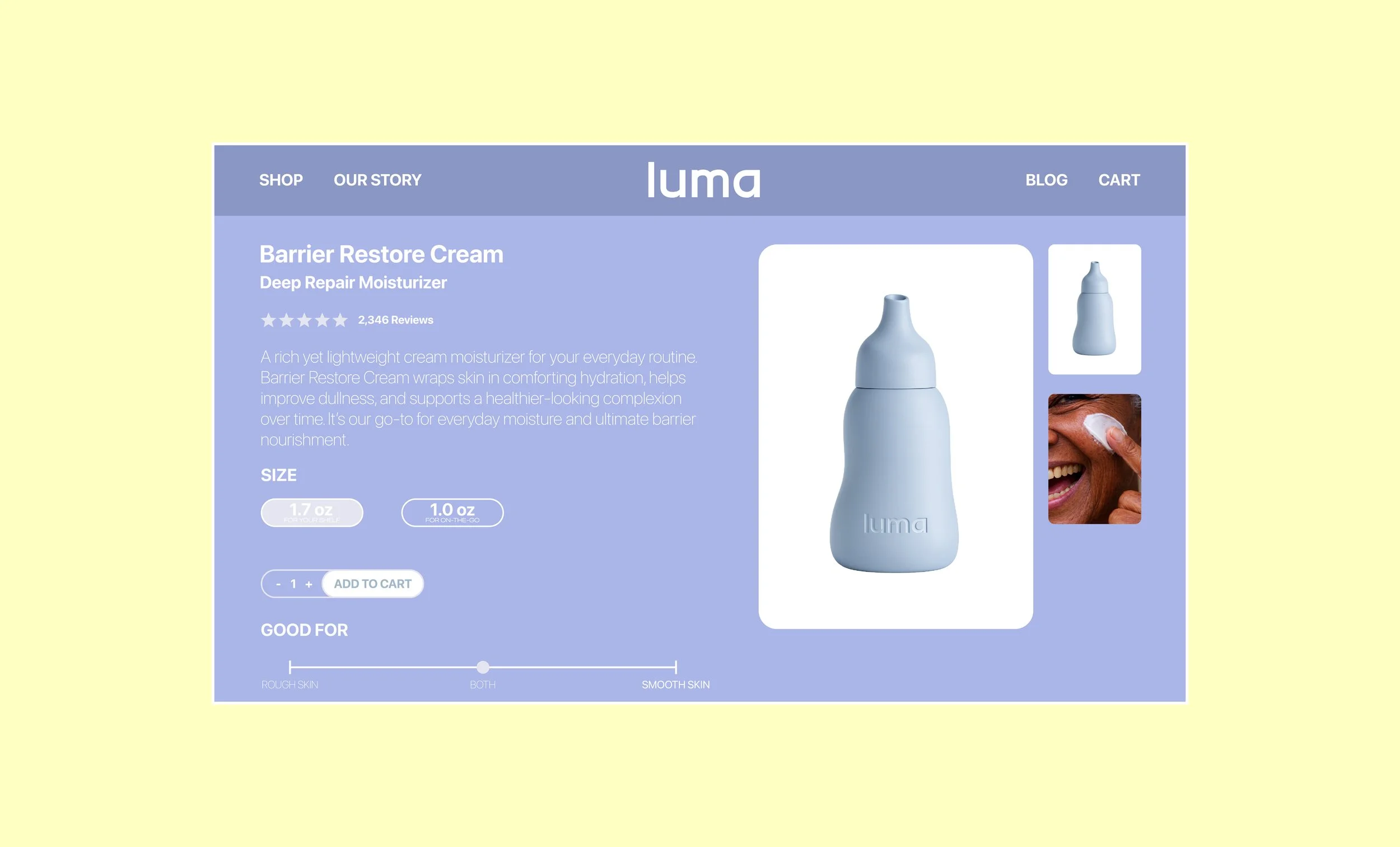 Web page for Luma's Barrier Restore Cream, with product image, description, ratings, and purchase options.