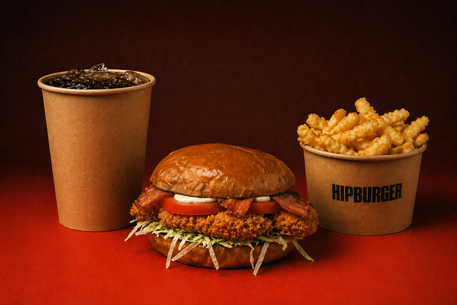 A fried chicken sandwich with lettuce, tomato, bacon, and mayonnaise in a bun, accompanied by a cup of cola and a container of French fries on a red background.