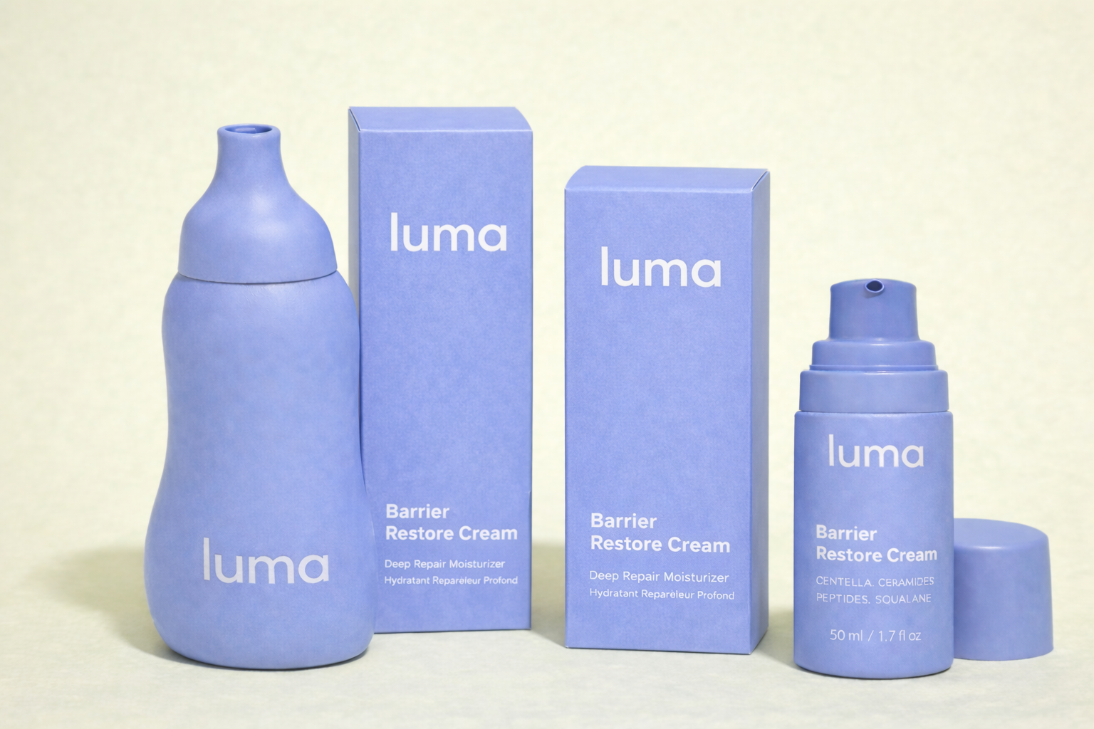 Luma Barrier Restore Cream products, including a large bottle, a smaller bottle, and two boxes, all in pastel purple with white text.
