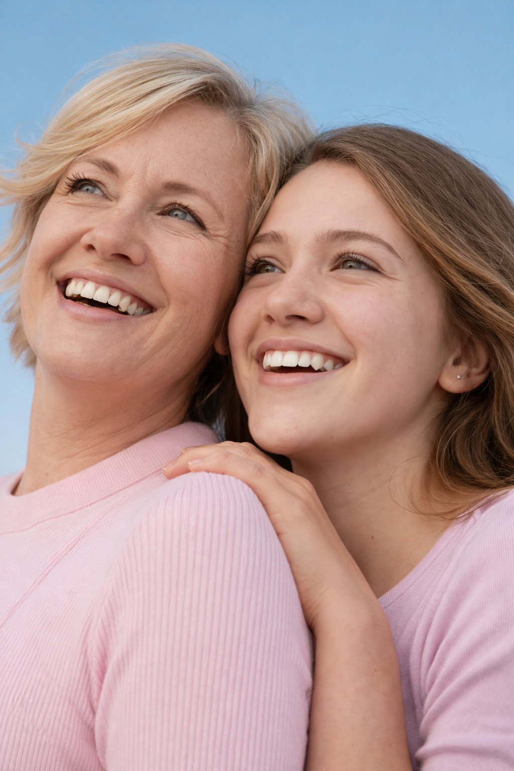 A smiling older woman with short blonde hair and a young girl with long brown hair hugging each other against a blue sky.