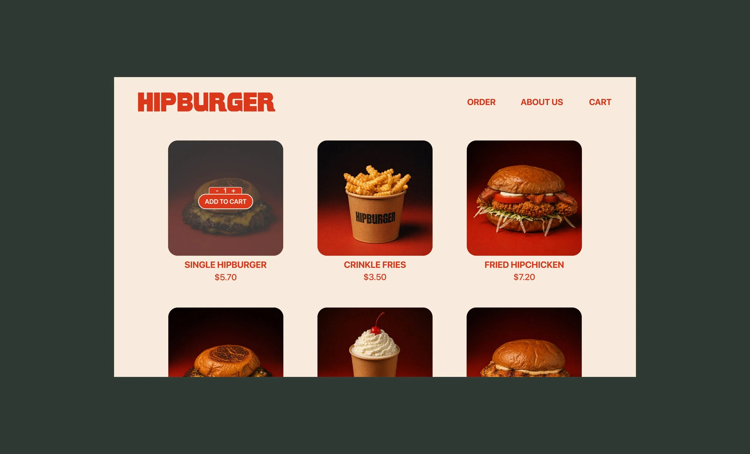 Screenshot of a burger restaurant menu titled 'HIPBURGER', showing an a burger with an 'ADD TO CART' button, crinkle fries in a cup, and a fried hipchicken sandwich with prices.