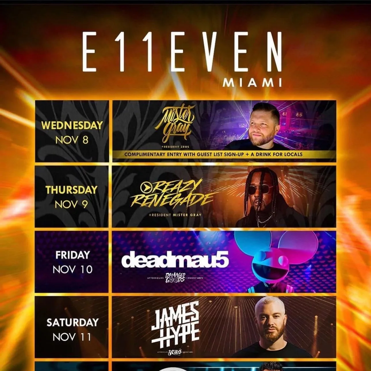 Schedule for E11EVEN Miami from November 8 to November 11, 2023, featuring performers such as Mix Master Gray, Deadmau5, and James Hype, with event details and promotional images.