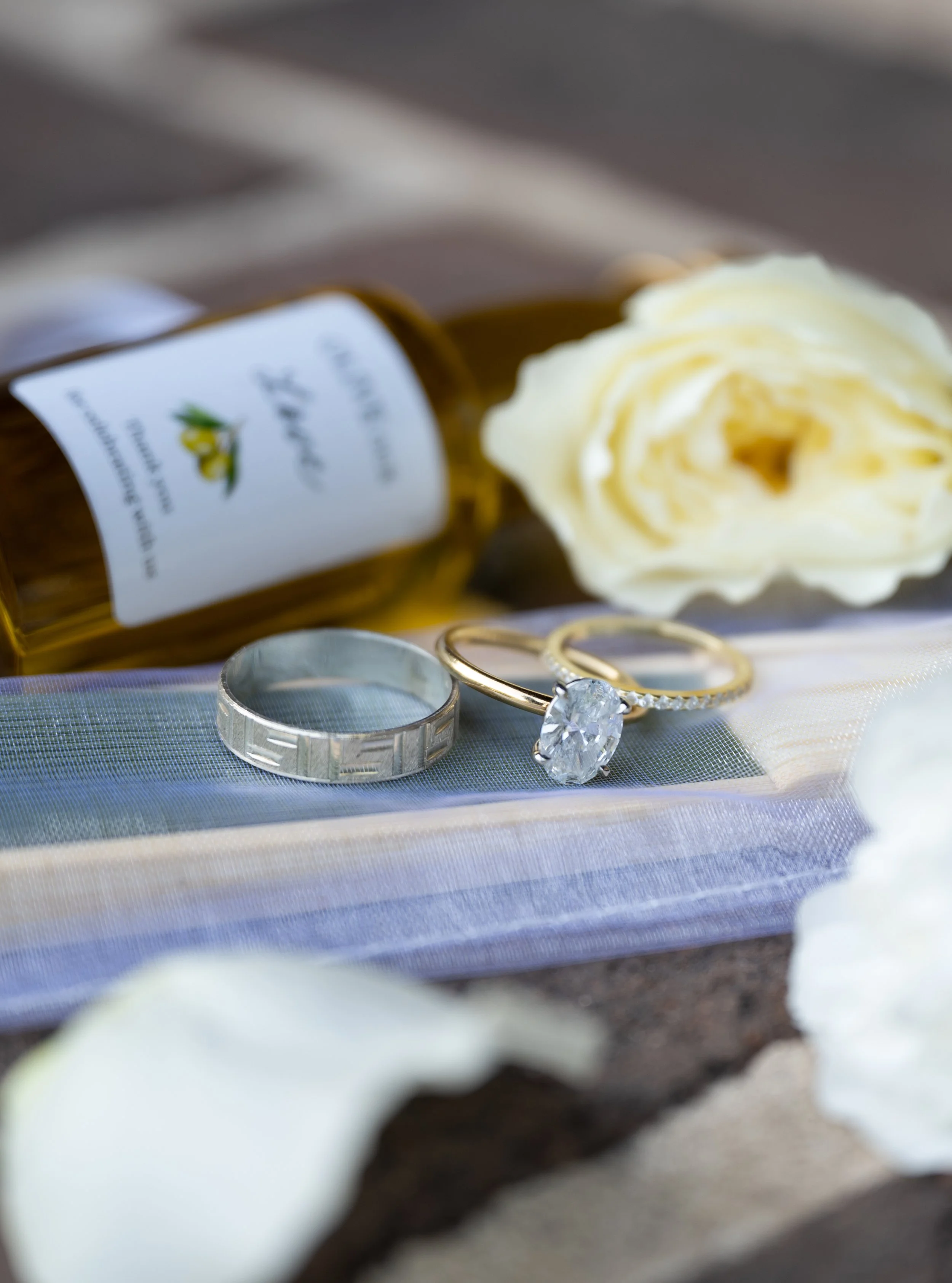 Close-up of a bottle of wedding favors
