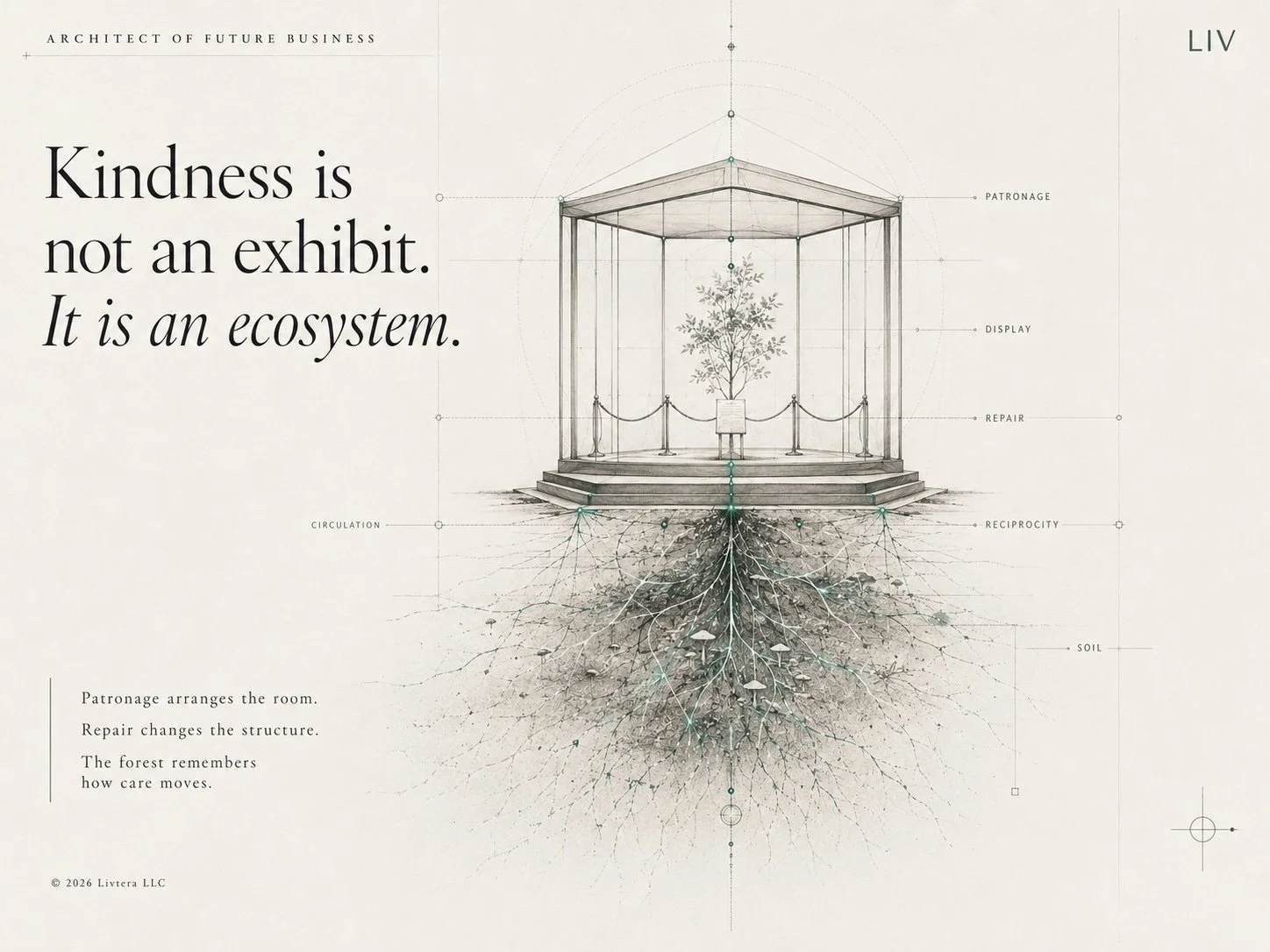 Minimal architectural illustration of a glass-like exhibit enclosure holding a small tree, with roots and mycelial networks spreading into soil beneath it
