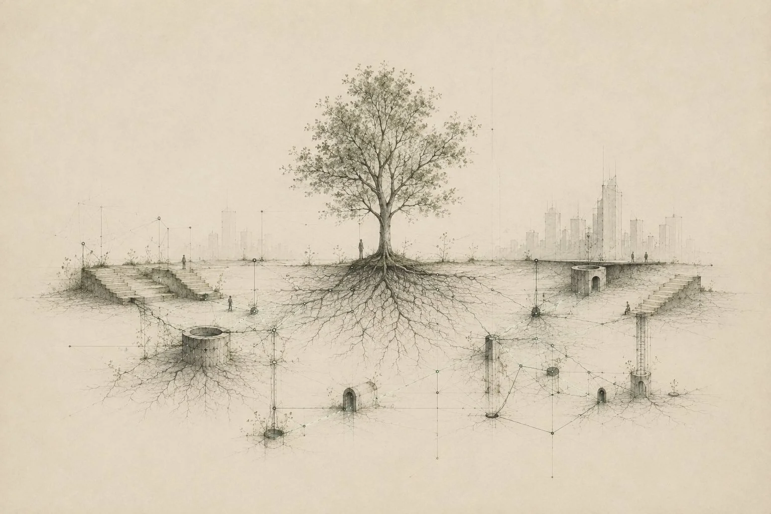 A lone tree with deep exposed roots stands between a distant city skyline, stairways, wells, and small human figures connected by a faint geometric network, illustrating how environment and infrastructure shape human outcomes.
