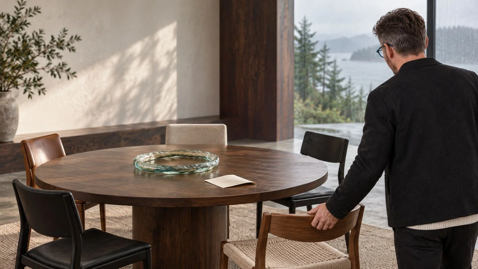 Back of Lundi's body as he pulls out a chair at a circle table with five chairs and full length windows and forest in the background.