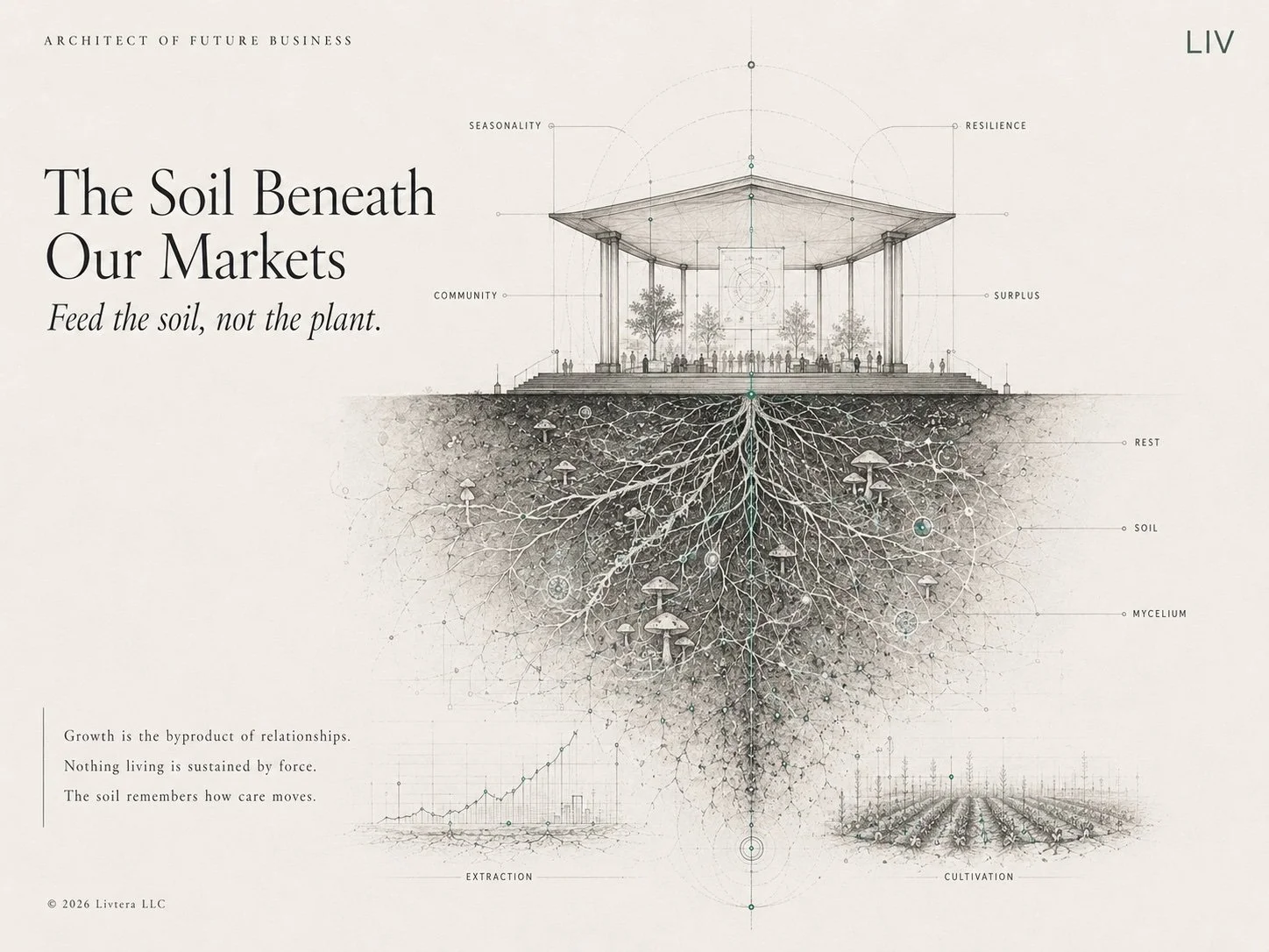 Minimal architectural illustration titled “The Soil Beneath Our Markets,” showing a civic market pavilion above a deep underground network of roots, fungi, mycelium, and soil life.