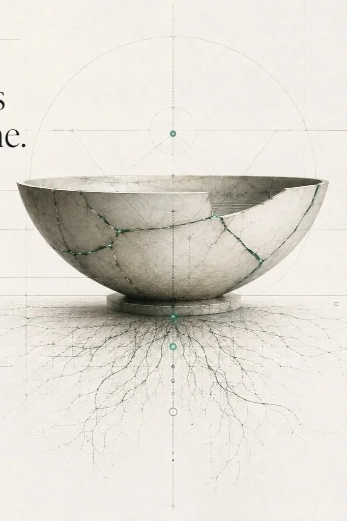 A cracked bowl with intricate observed fractures, reflected on a surface with a detailed plant root diagram or abstract pattern extending below.