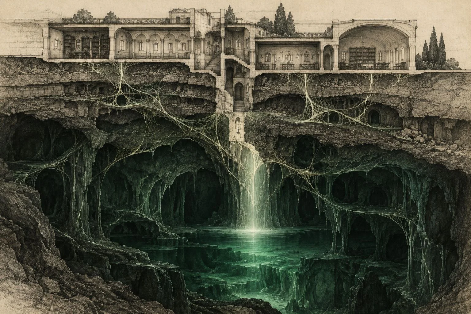 An architectural cross-section opens into a deep jade cavern, where fine rootlike threads connect the layers above a softly lit pool.