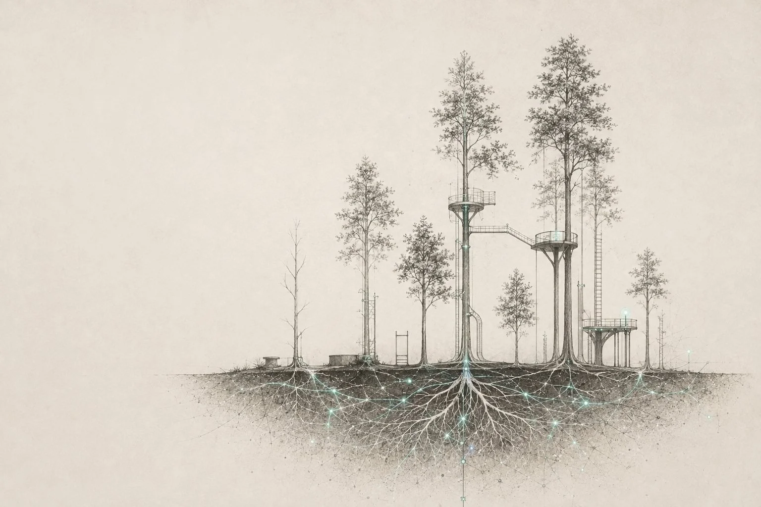 an image of tall trees connected by bridges of different, respecting unequal paths in life and work