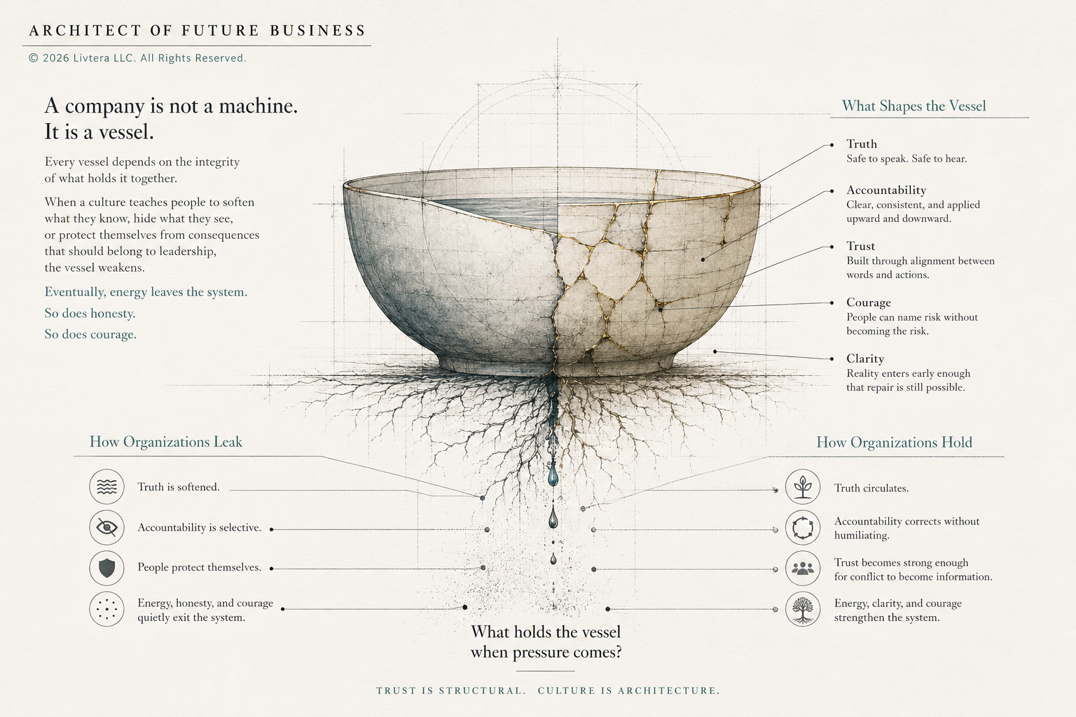 Minimal architectural illustration of a cracked vessel representing organizational culture, with water leaking from its base and annotations about truth, accountability, trust, courage, clarity, and how companies either leak or hold under pressure.