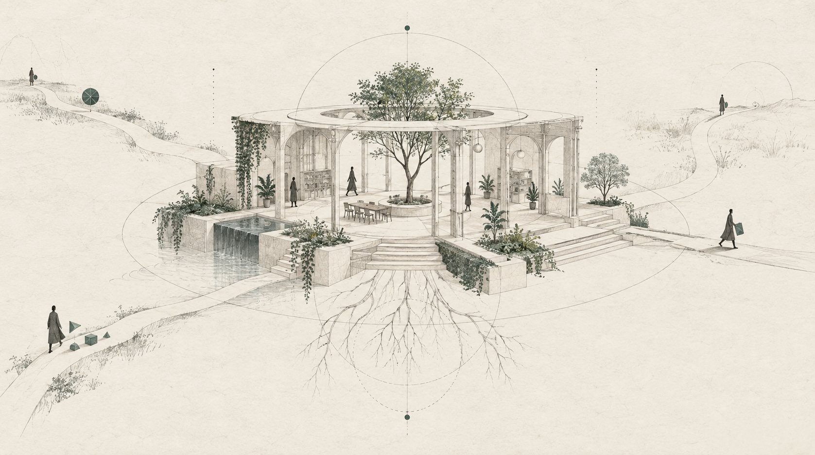 Minimal architectural illustration of an open circular pavilion built around a central tree, with pathways, water, plants, and small figures moving through the space.