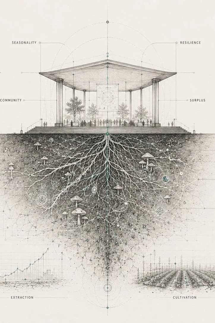 Minimal architectural illustration titled “The Soil Beneath Our Markets,” showing a civic market pavilion above a deep underground network of roots, fungi, mycelium, and soil life.