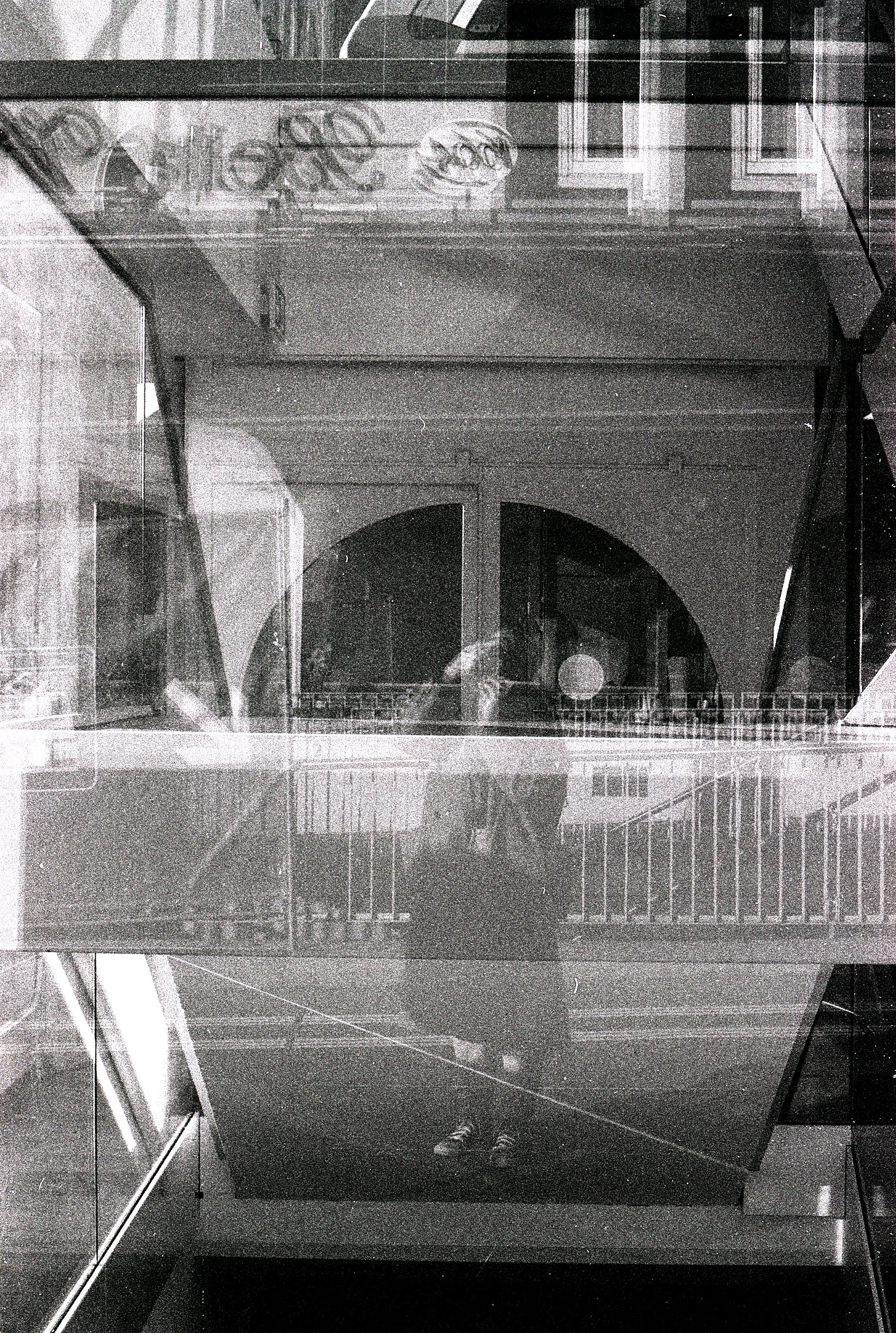 Layered interior and exterior scene, double exposure self portrait