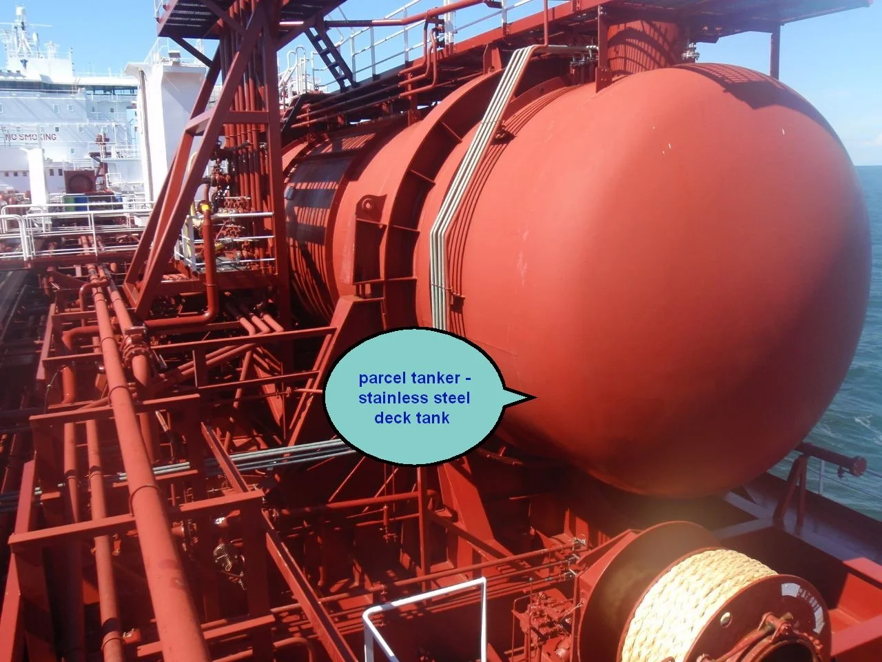  stainless steel deck tank on a ship, labeled as a parcel tanker.