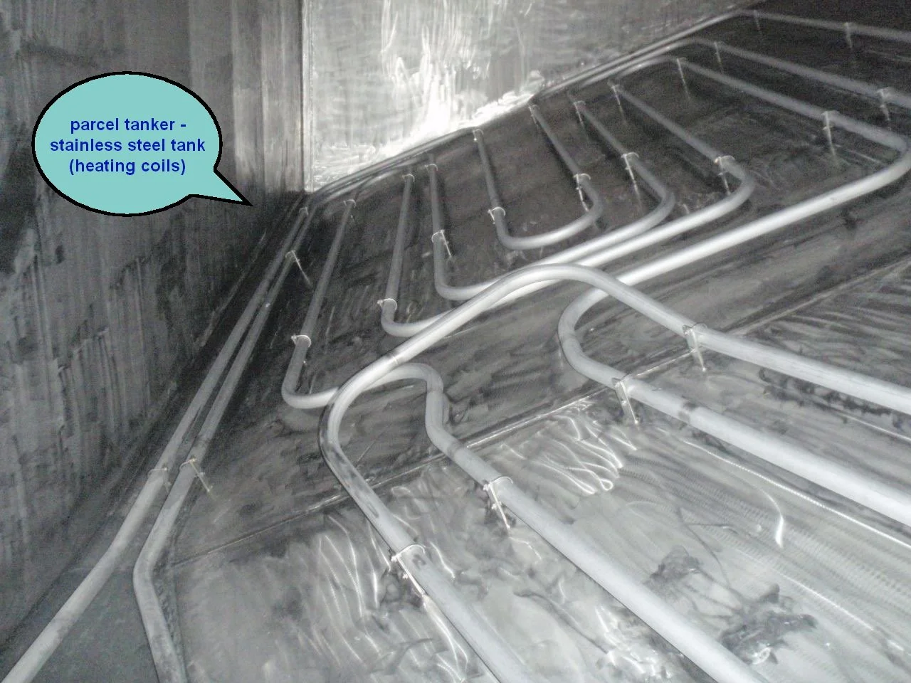  "parcel tanker - stainless steel tank (heating coils)."